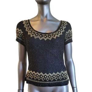 Vtg. Laurence Kazar Elegant Black and Gold Women's Top - Size Medium